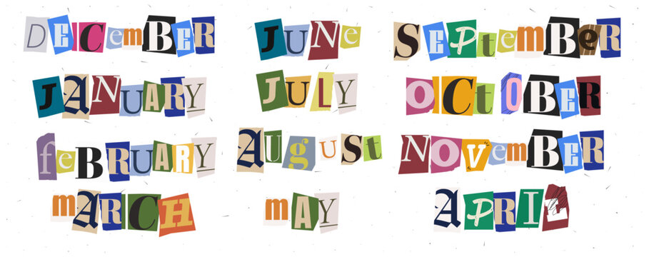 Set of crapbook month with cutout collage paper font. Letter stickers for stories. Trendy story date. Isolated as png note elements. Vector illustration.