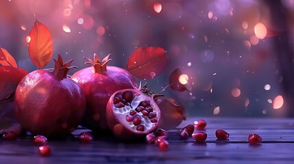   A pair of pomegranates resting atop a wooden table, surrounded by a cluster of leaves