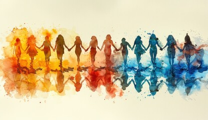A watercolor illustration of silhouettes of people holding hands, symbolizing unity and support.