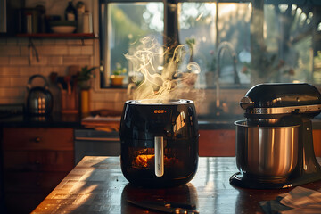 A person in a kitchen using an air fryer with various foods