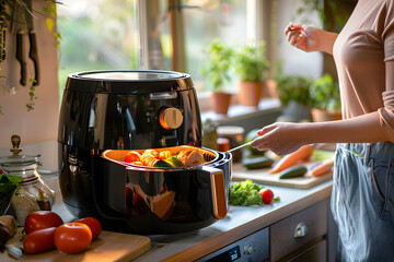 A person in a kitchen using an air fryer with various foods
