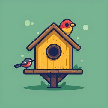 recommend clip art: A yellow birdhouse with two birds sitting on it
