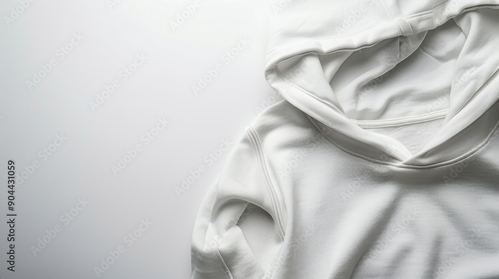 Poster a closeup view highlights the texture and fit of a blank hoodie placed on a clean white surface, emp