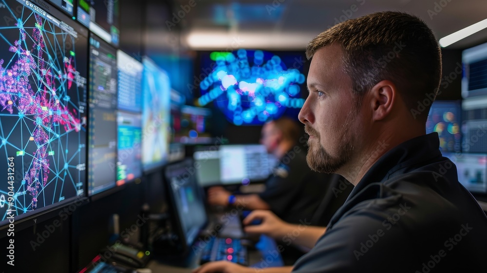 Poster a data security engineer focuses on analyzing cyber threats at a high-tech workstation within a stat