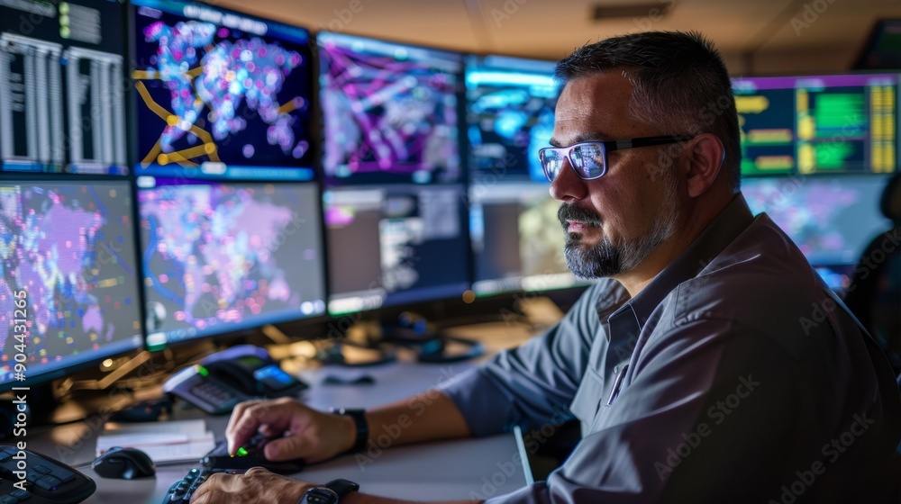 Poster a data security engineer focuses intently on multiple screens displaying security alerts and network