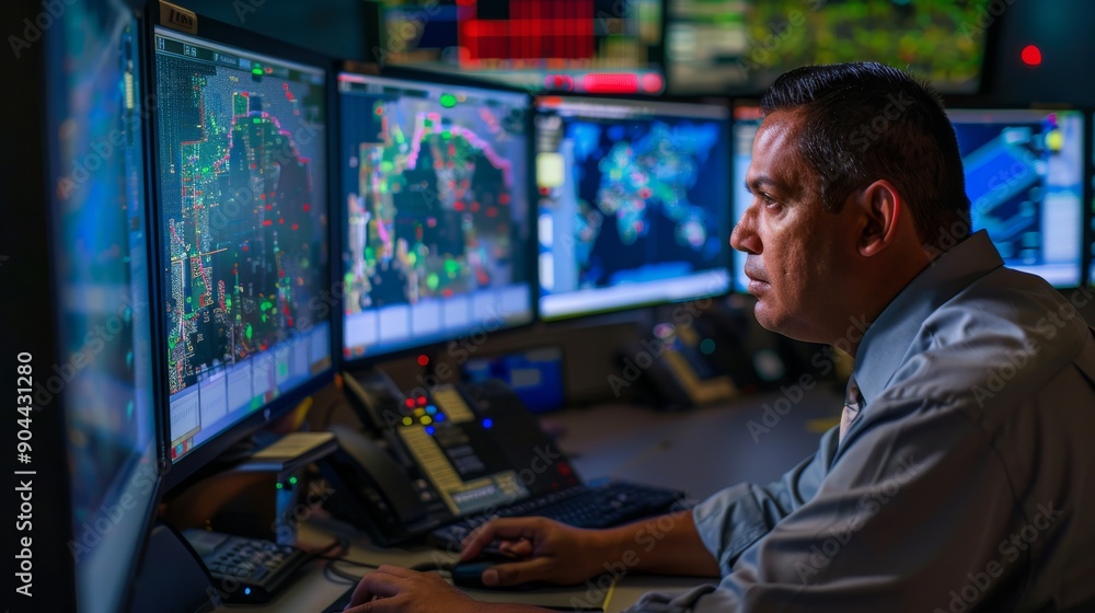 Poster a data security engineer focuses on multiple screens, analyzing security threats in a high-tech cybe