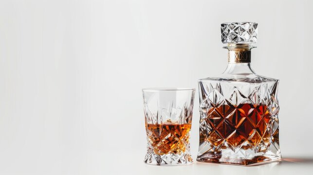 A crystal decanter with rich, amber bourbon showcases its elegance beside a matching glass, reflecting a moment of sophistication and indulgence