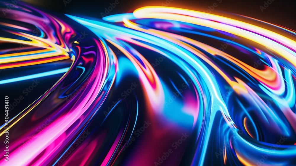 Poster vibrant neon colors swirl energetically in dynamic patterns, contrasting brilliantly against a dark 