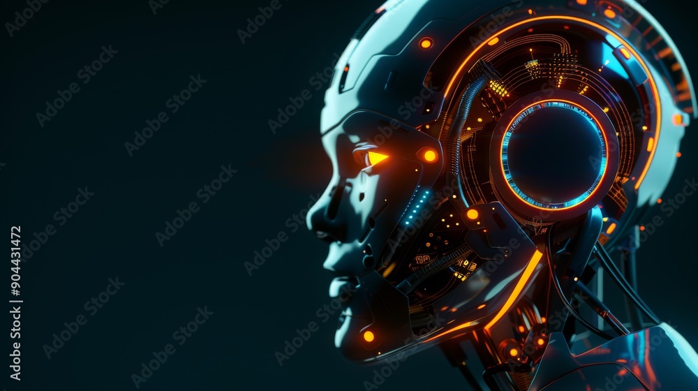 Poster a humanoid robot head displays intricate glowing circuits and sleek metallic features, illuminated a