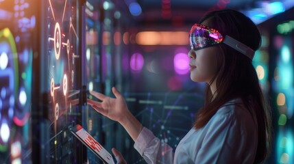 A female IT specialist uses a tablet to interact with augmented reality visuals, immersed in a vibrant server room environment