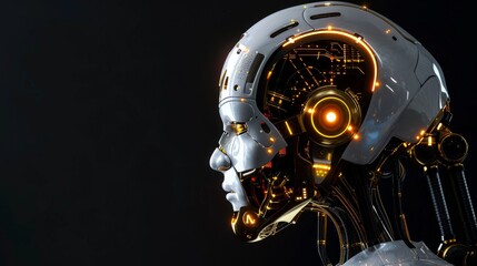 Fototapeta premium A closeup reveals a humanoid robot head displaying glowing circuits and smooth metallic surfaces, highlighted against a dark background for a futuristic effect