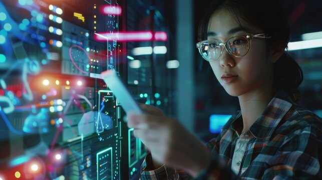 A female IT specialist uses a tablet to interact with augmented reality visuals in a high-tech server environment