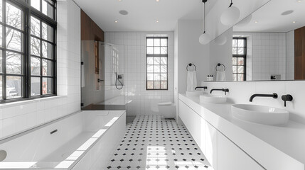 Spacious modern bathroom featuring minimalist design and elegant decor, creating a serene and relaxing atmosphere.