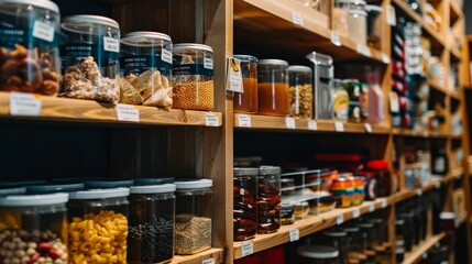 A neatly arranged pantry displays labeled shelves filled with diverse food items and clear storage containers for easy organization and access