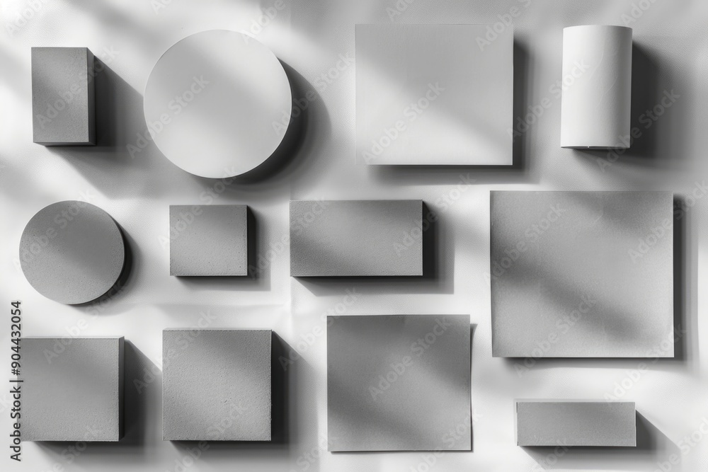 Poster a collection of various geometric shapes arranged on a plain white surface