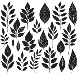 Hand-drawn doodle leafs icon set. Abstract botanical black elements. Collection of leaf signs in different directions.