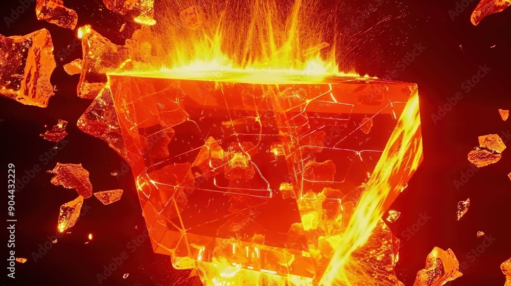 Poster an image showing a glass object surrounded by multiple ice cubes, with flames emanating from within 