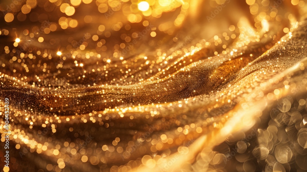 Poster a closeup reveals a shimmering gold texture with swirling patterns and sparkling particles, creating