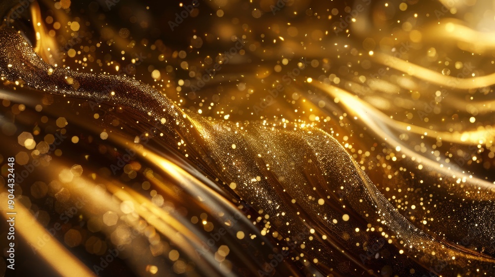 Poster a closeup showcases shimmering gold texture adorned with swirling patterns and sparkling particles a