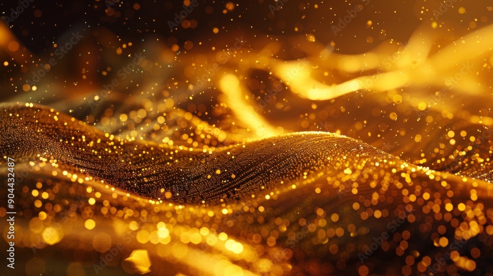 Poster a closeup reveals a shimmering gold texture with swirling patterns and sparkling particles against a