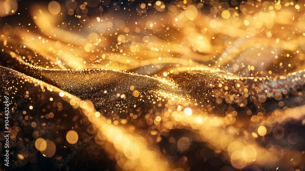 Poster the shimmering gold texture displays dynamic patterns and sparkling particles, creating a captivatin