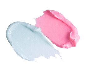 Swatch texture of blue pink cream or clay, kaolin, cosmetics for face and body on a isolated white...