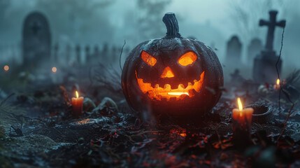 Fototapeta premium A pumpkin with a smiley face on it is sitting on a cemetery. The scene is set in a graveyard with a few candles scattered around