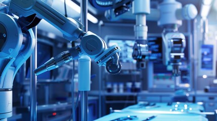 A sterile surgical environment with robotic equipment in focus, ready for a procedure, with a backdrop of advanced medical technology.