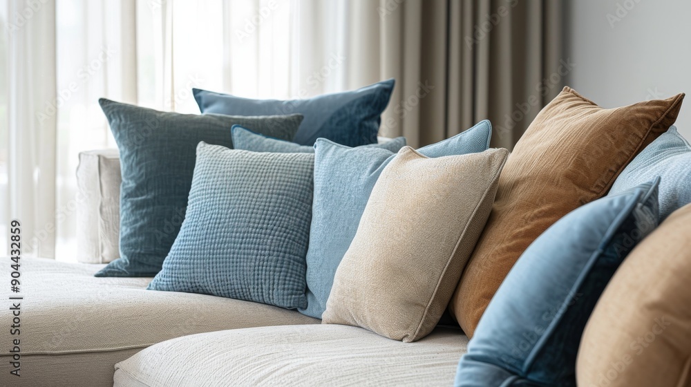 Poster a stylish sofa features a mix of soft textured cushions in muted colors, creating a cozy and invitin