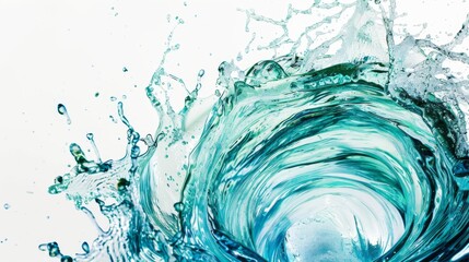 Fototapeta premium A dynamic whirlpool forms with vibrant blue and green colors, isolated against a white backdrop, creating a swirling motion