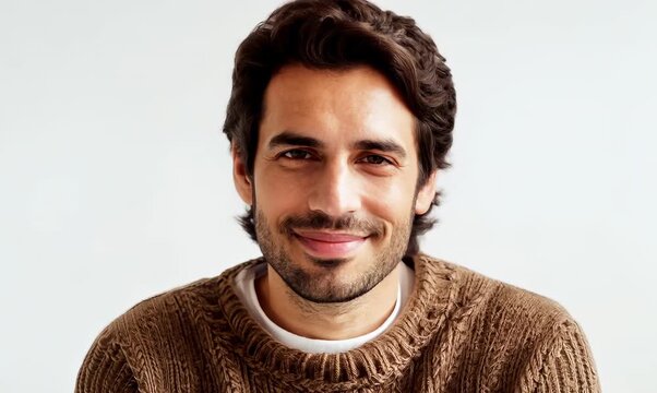 portrait of a Israeli man in his 30s wearing a cozy sweater against a white background