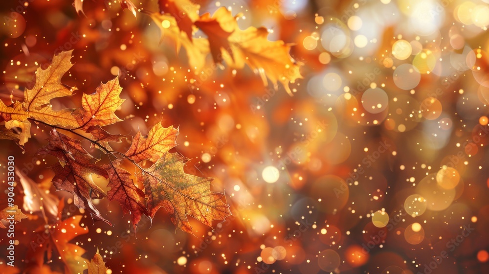 Poster a closeup view showcasing vibrant autumn leaves in hues of orange and brown, enhanced by a soft boke