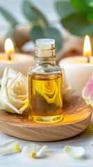 A tranquil arrangement of essential oil, soft towels, and daisies enhances a calming spa atmosphere