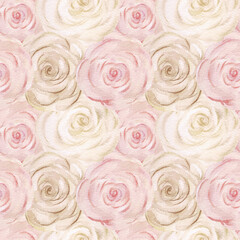 Watercolor seamless pattern with roses flowers. Hand drawn delicate print with boho roses. Holiday design and decoration, wrapping paper, textile, wedding, birthday.