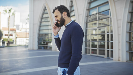 Fototapeta premium Mature bearded man in sweater talking on phone outdoors in modern city environment