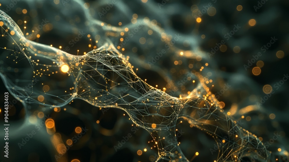 Poster intricate biotech cell structures come to life with illuminated lines and nodes, showcasing a mesmer