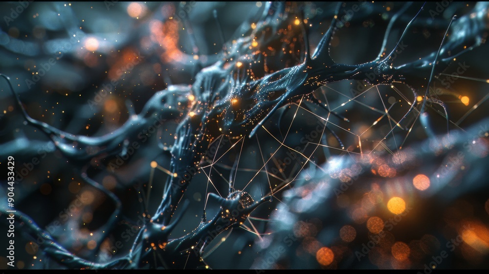 Poster intricate biotech cell structures intertwine with glowing nodes and lines, showcasing a futuristic d
