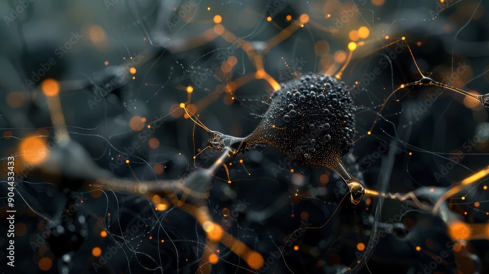 Poster detailed rendering showcases interconnected biotech cell structures with nodes and lines, illuminate