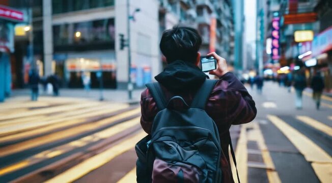 A man taking pictures on his smartphone of the traffic in a busy city