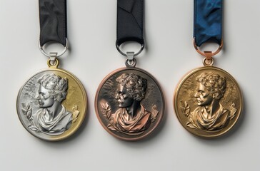 three medals against a white background, in the style of metalworking mastery, 