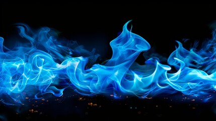 Vibrant blue flames swirl and flicker against a dark backdrop, showcasing intricate textures and intense color, creating a mesmerizing display of natural beauty