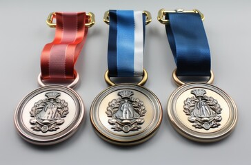 three medals against a white background, in the style of metalworking mastery, 