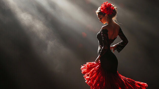 Flamenco dancer on stage. Stage lights, long dress, beautiful woman	
