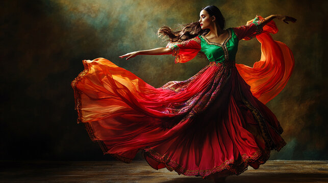 Flamenco dancer on stage. Stage lights, long dress, beautiful woman	