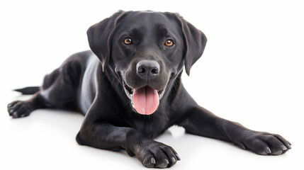 Black Labrador Radiating Joy: A portrait of a happy black labrador retriever on a white background, its tongue out in a playful pant.