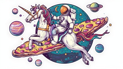 Quirky Astronaut Riding Unicorn Through Galaxy of Pizza Planets