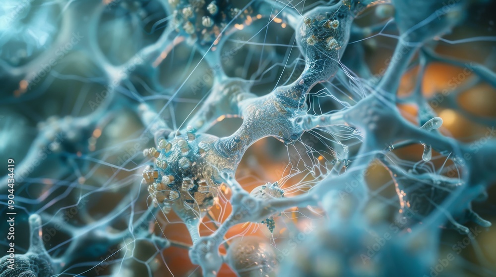 Poster exploration of intricate cell structures showcasing high-tech biotech visualization with connected l