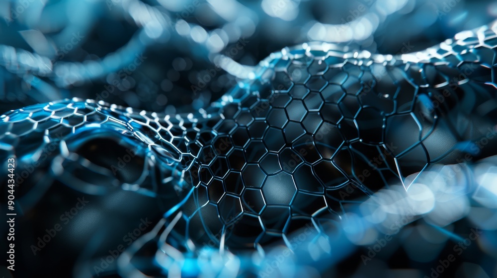 Poster high-tech biotech visualization showcases intricate patterns and interconnected cell structures, emp