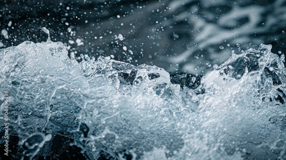 Poster a single ocean wave crashes with intensity, showcasing its dynamic texture and sparkling droplets ag