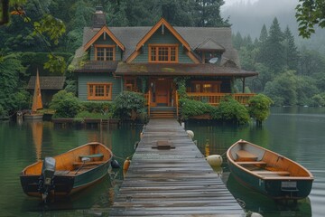 Obraz premium Beautiful home with dock and boats on lake, Washington state.
